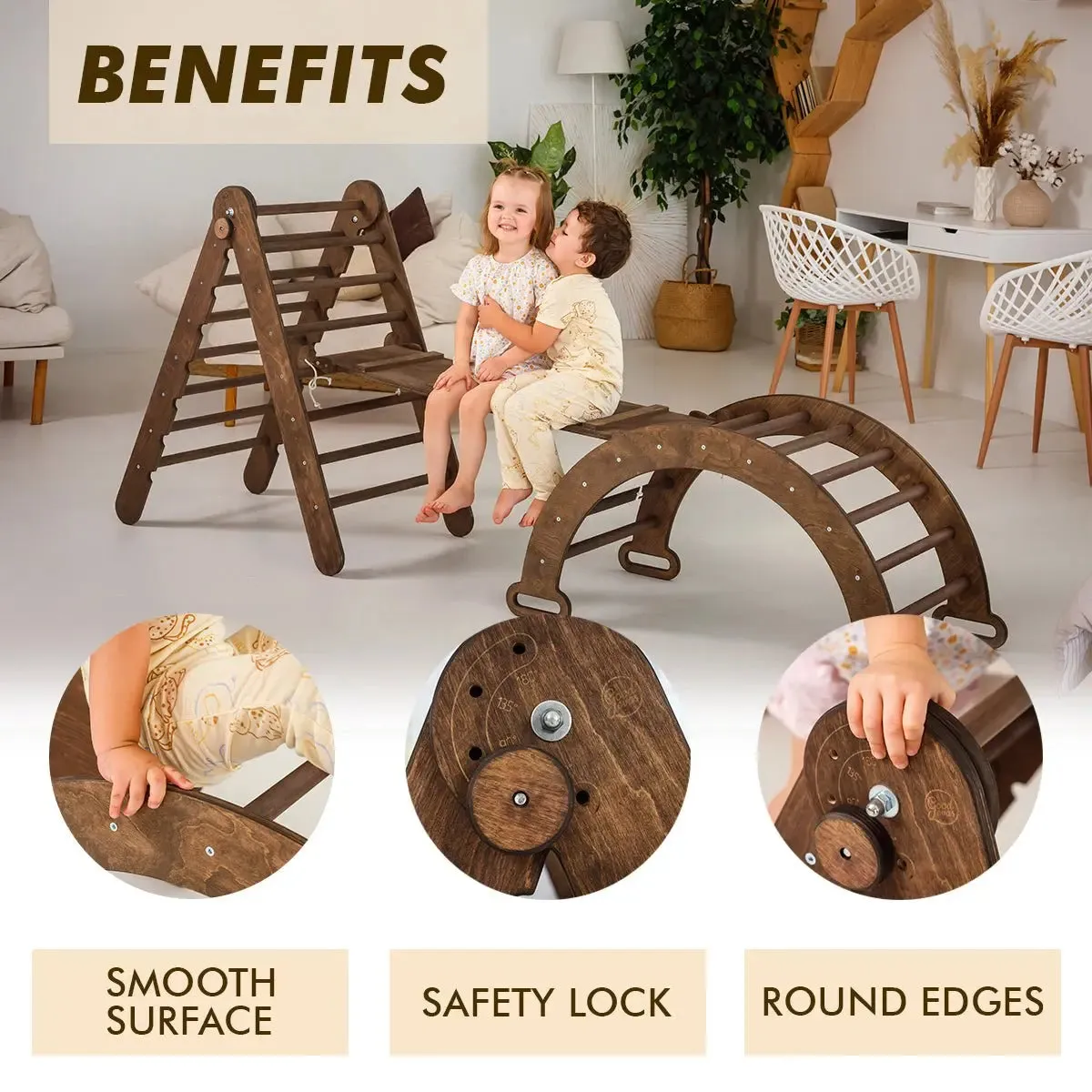 3in1 Montessori Climbing Set: Triangle Ladder   Wooden Arch   Slide Board – Chocolate NEW