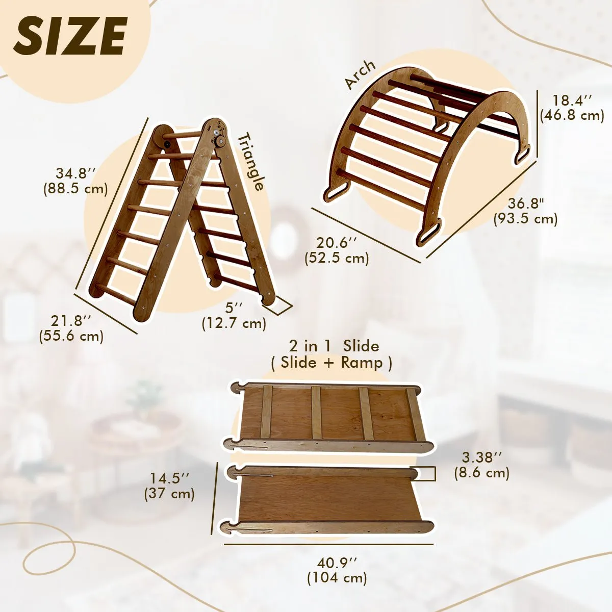 3in1 Montessori Climbing Set: Triangle Ladder   Wooden Arch   Slide Board – Chocolate NEW
