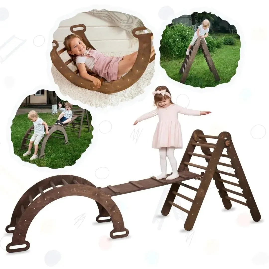 3in1 Montessori Climbing Set: Triangle Ladder   Wooden Arch   Slide Board – Chocolate NEW