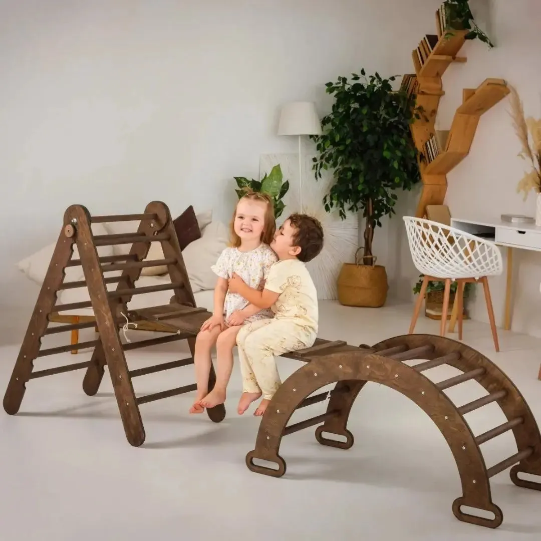 3in1 Montessori Climbing Set: Triangle Ladder   Wooden Arch   Slide Board – Chocolate NEW