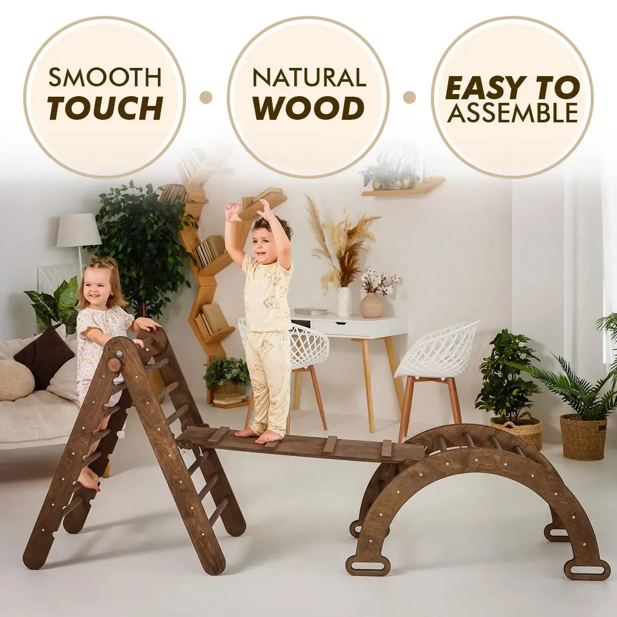 3in1 Montessori Climbing Set: Triangle Ladder   Wooden Arch   Slide Board – Chocolate NEW