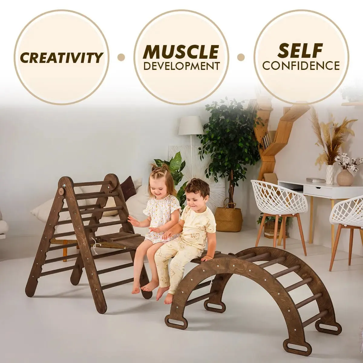 3in1 Montessori Climbing Set: Triangle Ladder   Wooden Arch   Slide Board – Chocolate NEW