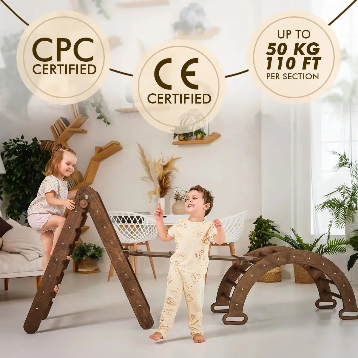 3in1 Montessori Climbing Set: Triangle Ladder   Wooden Arch   Slide Board – Chocolate NEW