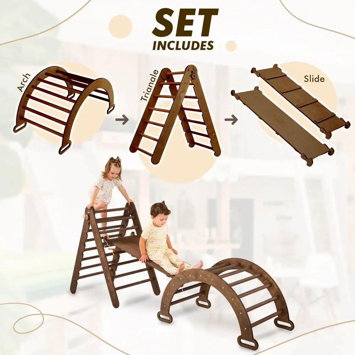 3in1 Montessori Climbing Set: Triangle Ladder   Wooden Arch   Slide Board – Chocolate NEW