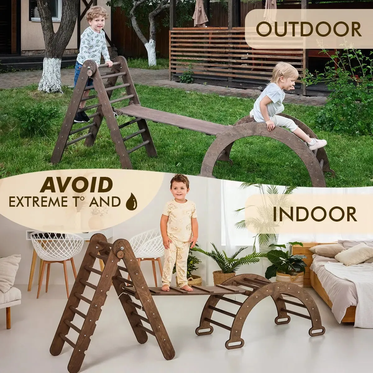 3in1 Montessori Climbing Set: Triangle Ladder   Wooden Arch   Slide Board – Chocolate NEW