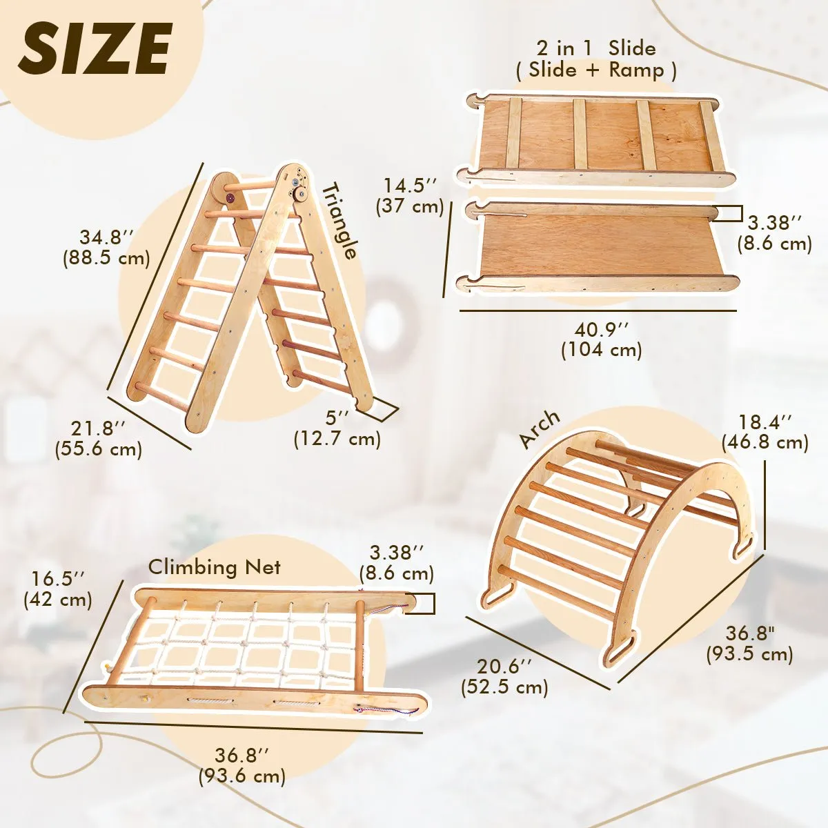 4in1 Montessori Climbing Frame Set: Triangle Ladder   Arch/Rocker   Slide Board/Ramp   Netting rope