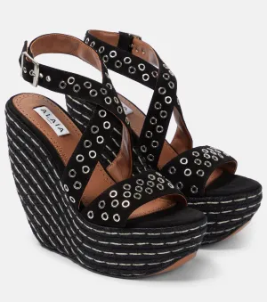 Alaïa Embellished Suede Wedge Sandals, Black