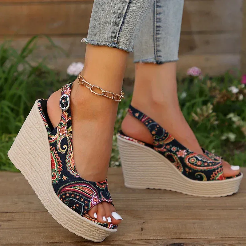 AMOZAE- - Summer Women's Bohemian Print Wedge Sandals