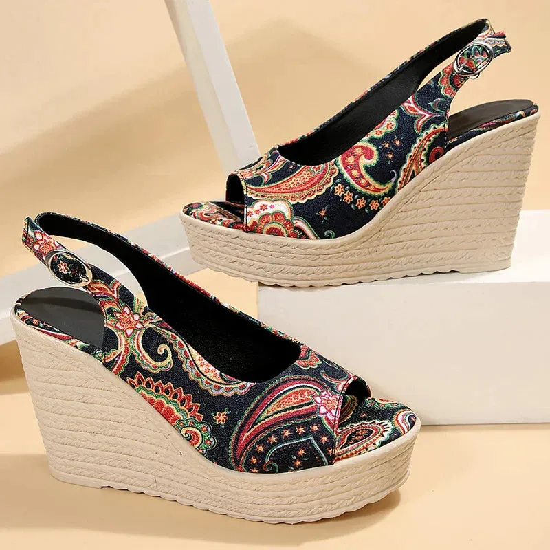 AMOZAE- - Summer Women's Bohemian Print Wedge Sandals