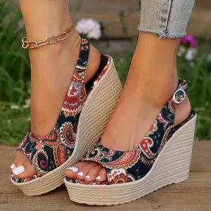 AMOZAE- - Summer Women's Bohemian Print Wedge Sandals
