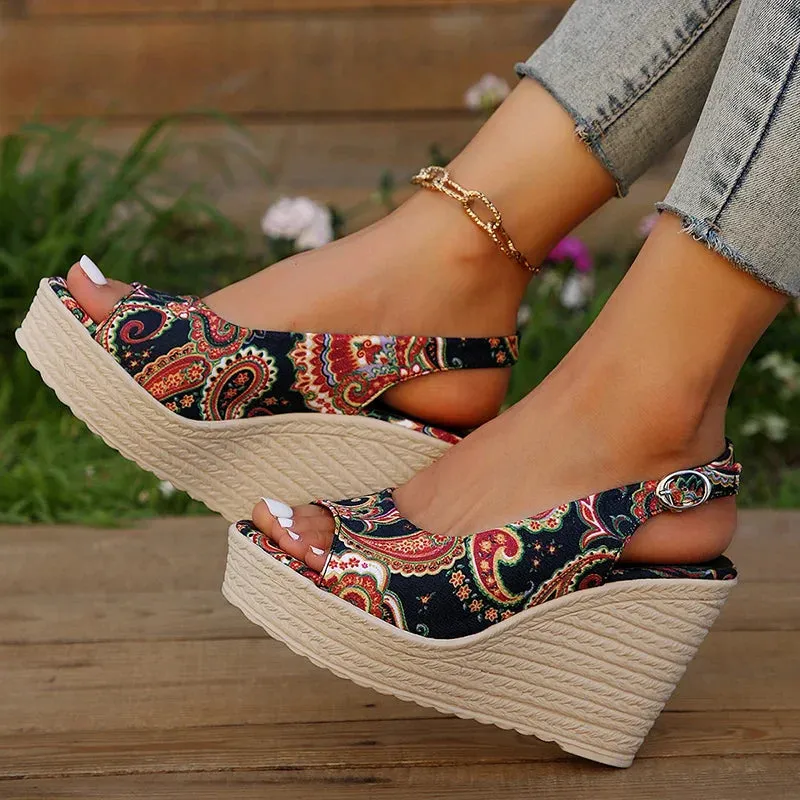 AMOZAE- - Summer Women's Bohemian Print Wedge Sandals