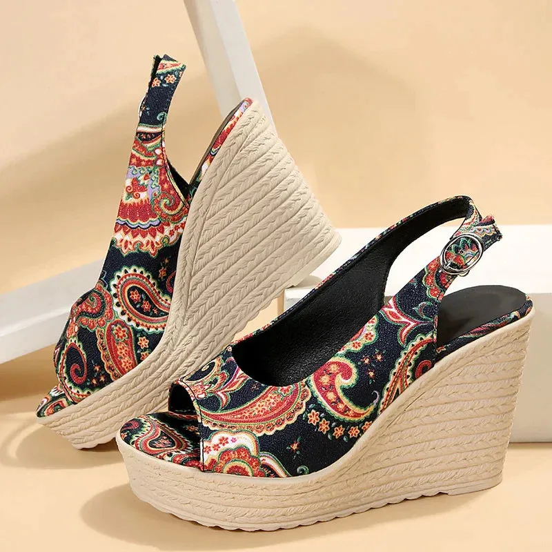 AMOZAE- - Summer Women's Bohemian Print Wedge Sandals