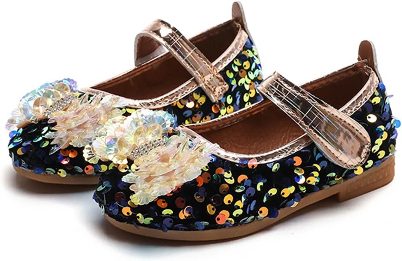 Baby Girls Mary Jane Flats Sparkly Bow Diamonds Low Heel Princess Hook and Loop Party Dress Shoes Loafers Moccasins