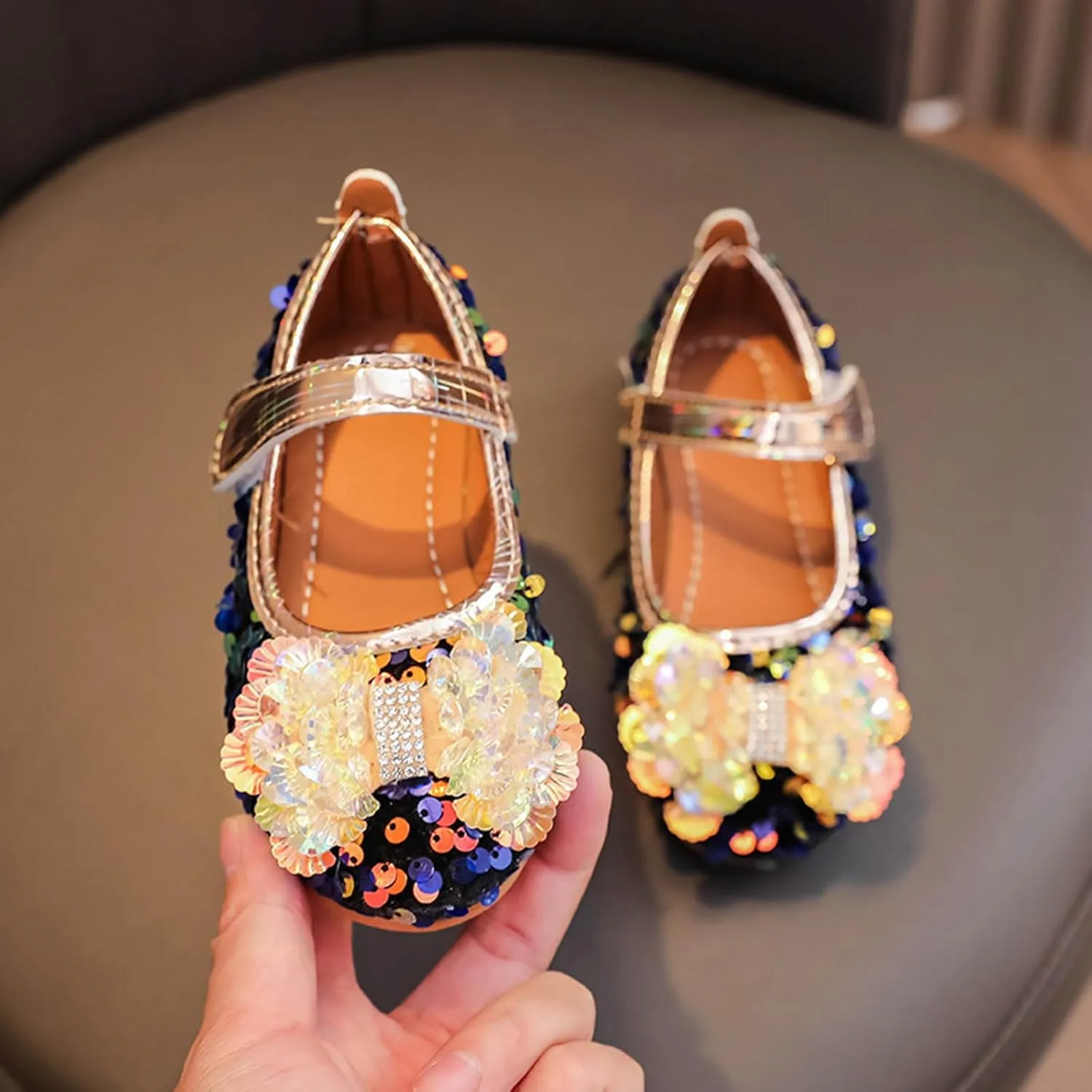 Baby Girls Mary Jane Flats Sparkly Bow Diamonds Low Heel Princess Hook and Loop Party Dress Shoes Loafers Moccasins
