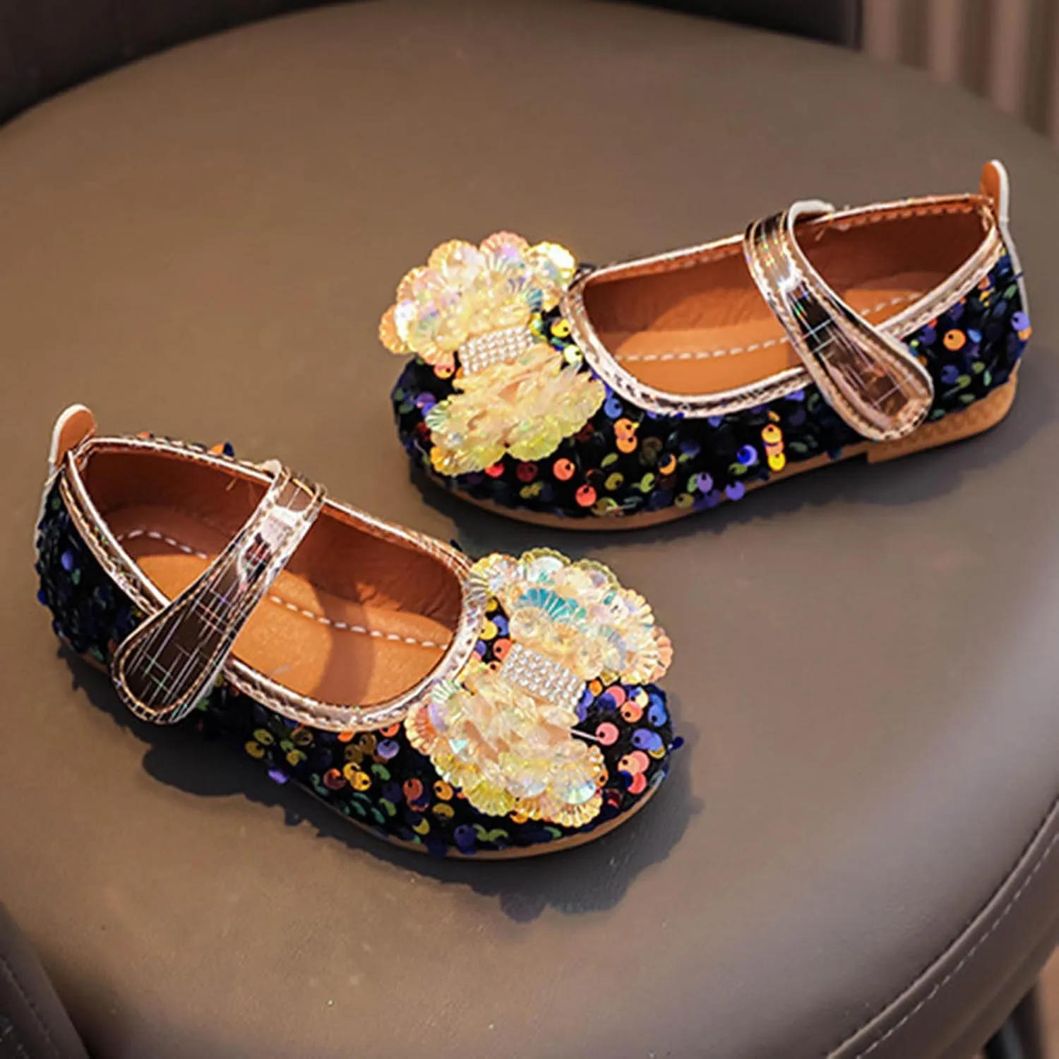 Baby Girls Mary Jane Flats Sparkly Bow Diamonds Low Heel Princess Hook and Loop Party Dress Shoes Loafers Moccasins