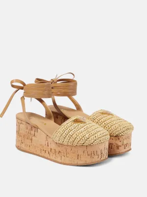 Beige raffia-effect wedge sandals