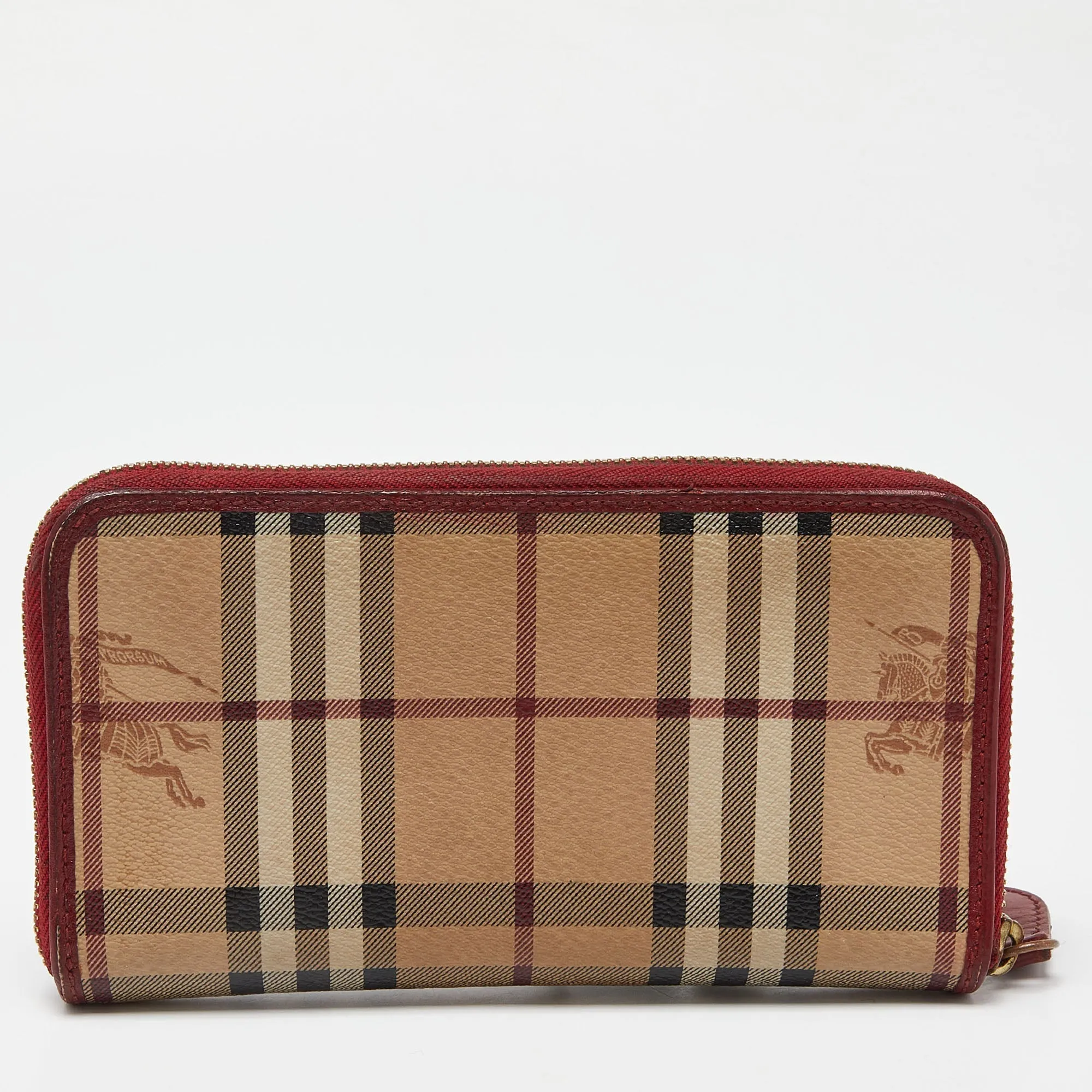 BURBERRY Beige/Red Haymarket Check Coated Canvas Zip Around Wallet