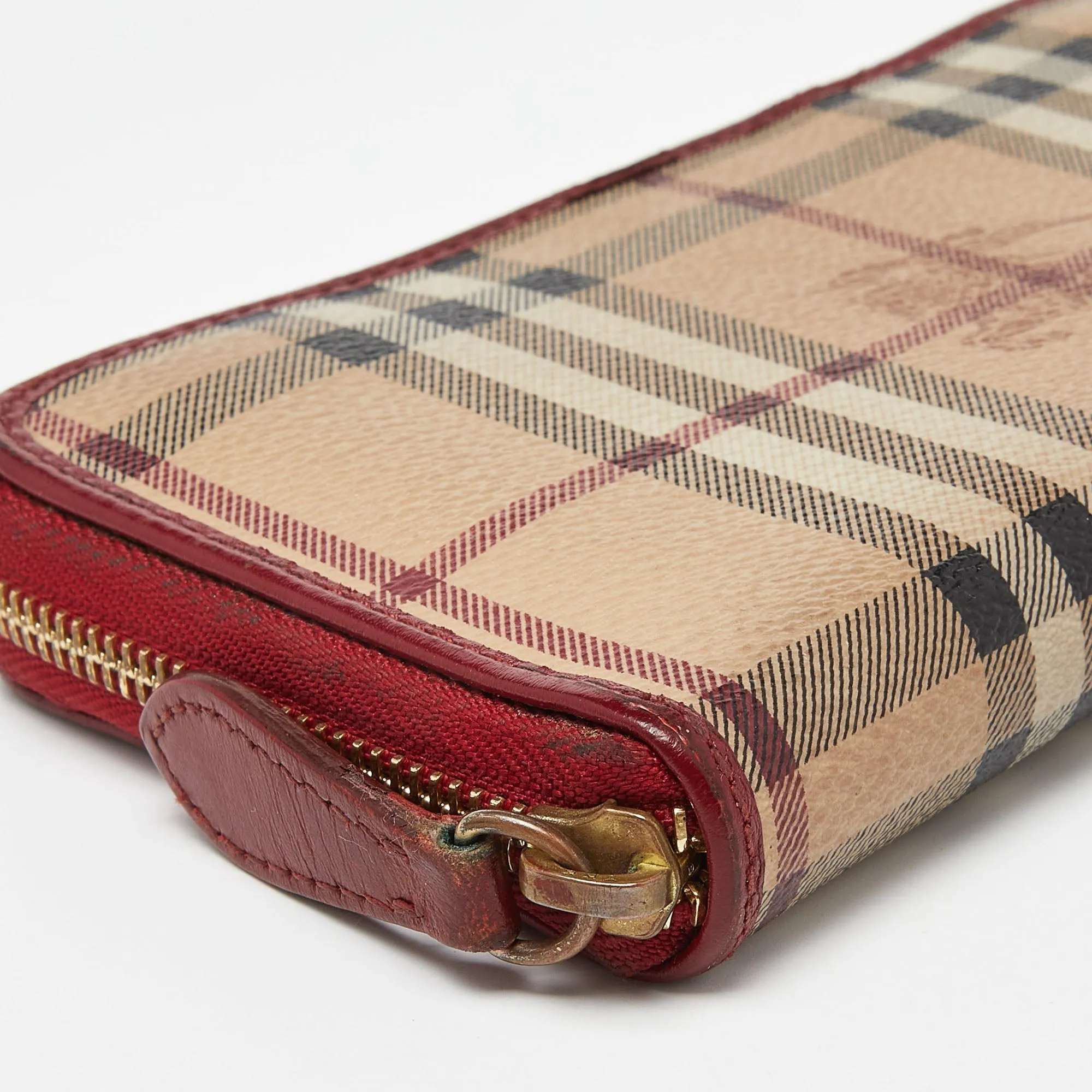 BURBERRY Beige/Red Haymarket Check Coated Canvas Zip Around Wallet