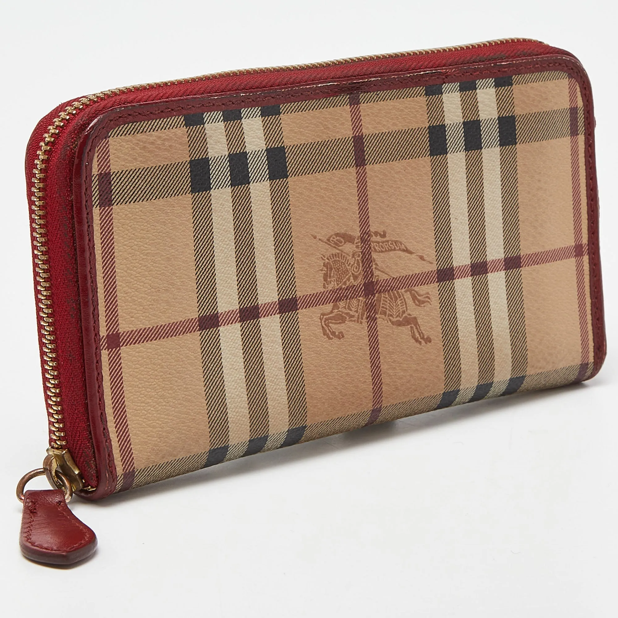 BURBERRY Beige/Red Haymarket Check Coated Canvas Zip Around Wallet