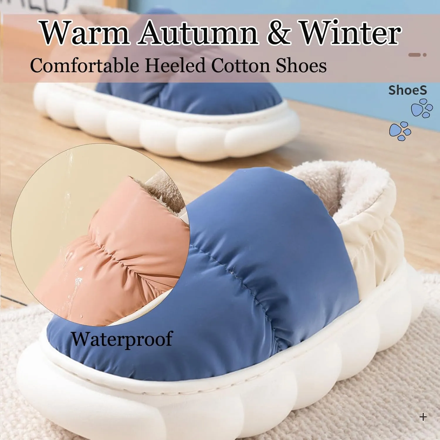 CT-Tebrun Fluffy Down Slippers - Unisex Winter Non-Slip Pillow Slippers for Men & Women - Waterproof Plush Flip Flop Bag Heel Casual Cotton Shoes Loafers
