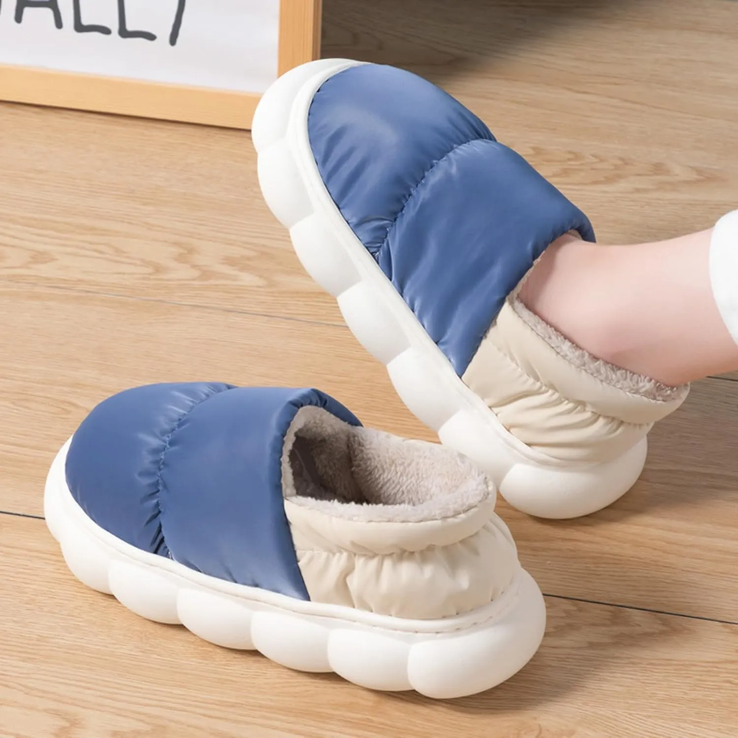 CT-Tebrun Fluffy Down Slippers - Unisex Winter Non-Slip Pillow Slippers for Men & Women - Waterproof Plush Flip Flop Bag Heel Casual Cotton Shoes Loafers