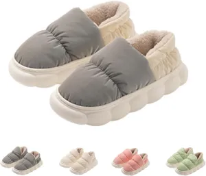 CT-Tebrun Fluffy Down Slippers - Unisex Winter Non-Slip Pillow Slippers for Men & Women - Waterproof Plush Flip Flop Bag Heel Casual Cotton Shoes Loafers