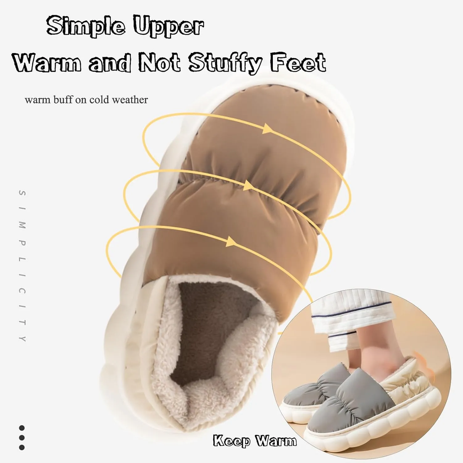 CT-Tebrun Fluffy Down Slippers - Unisex Winter Non-Slip Pillow Slippers for Men & Women - Waterproof Plush Flip Flop Bag Heel Casual Cotton Shoes Loafers