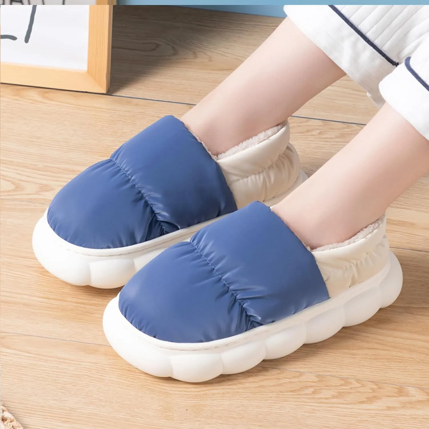 CT-Tebrun Fluffy Down Slippers - Unisex Winter Non-Slip Pillow Slippers for Men & Women - Waterproof Plush Flip Flop Bag Heel Casual Cotton Shoes Loafers