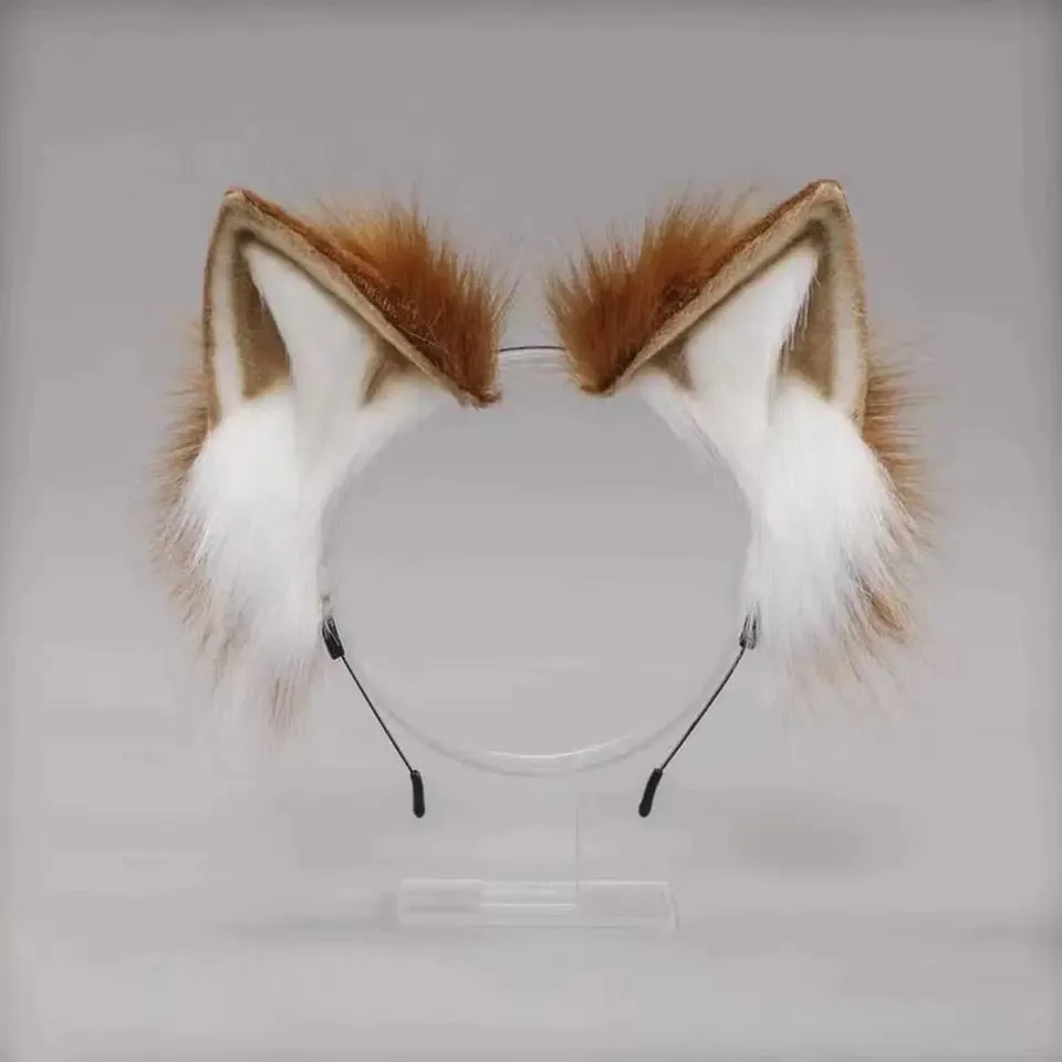 Deluxe Faux Plush Fur Animal Ears Headband - Brown White Cat