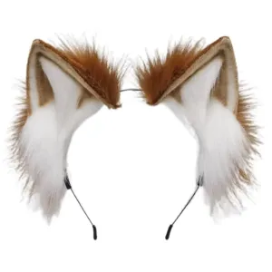 Deluxe Faux Plush Fur Animal Ears Headband - Brown White Cat
