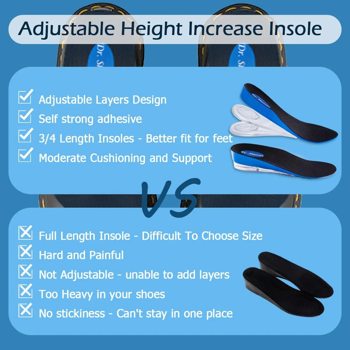 Dr. Shoesert 3-Layer Adjustable Height Increase Insoles, 3/4 Length Shock Absorption Cushion Heel Lift Inserts