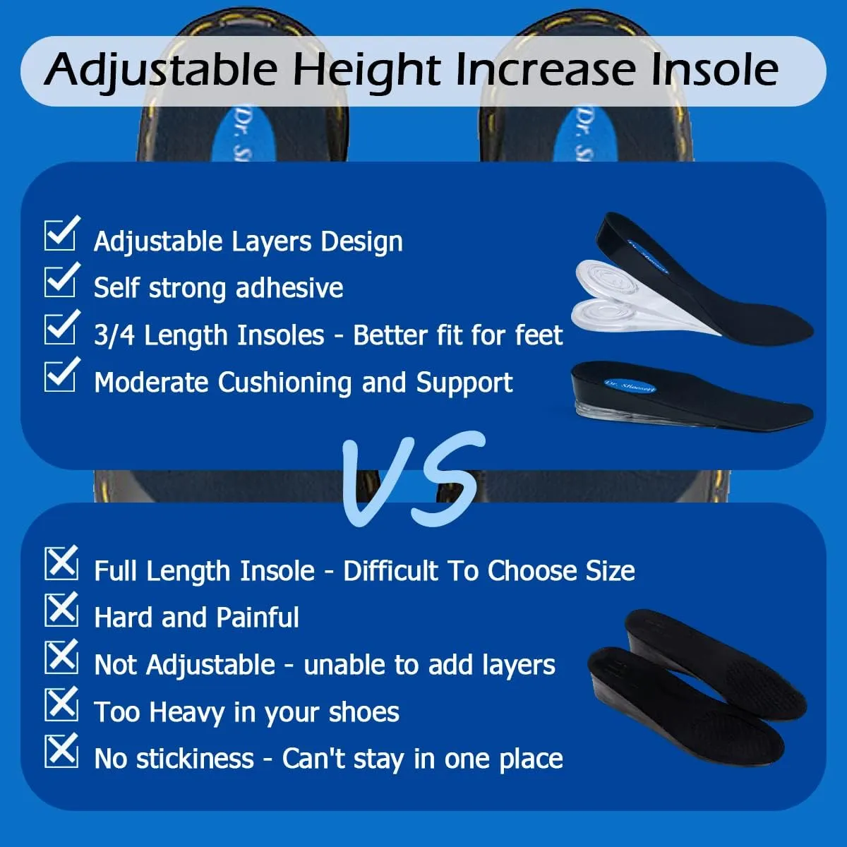 Dr. Shoesert 3-Layer Adjustable Height Increase Insoles, 3/4 Length Shock Absorption Cushion Heel Lift Inserts