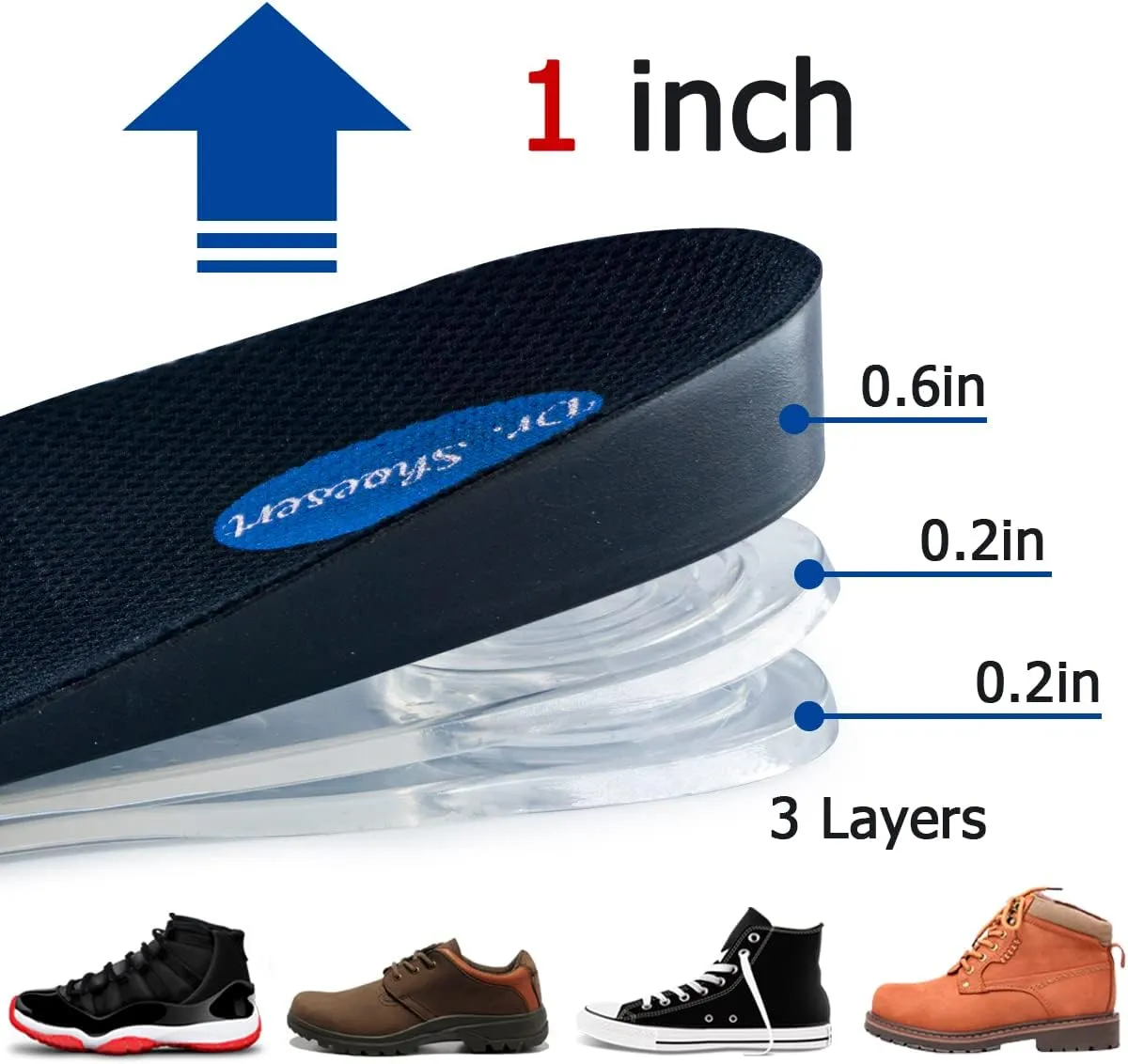 Dr. Shoesert 3-Layer Adjustable Height Increase Insoles, 3/4 Length Shock Absorption Cushion Heel Lift Inserts