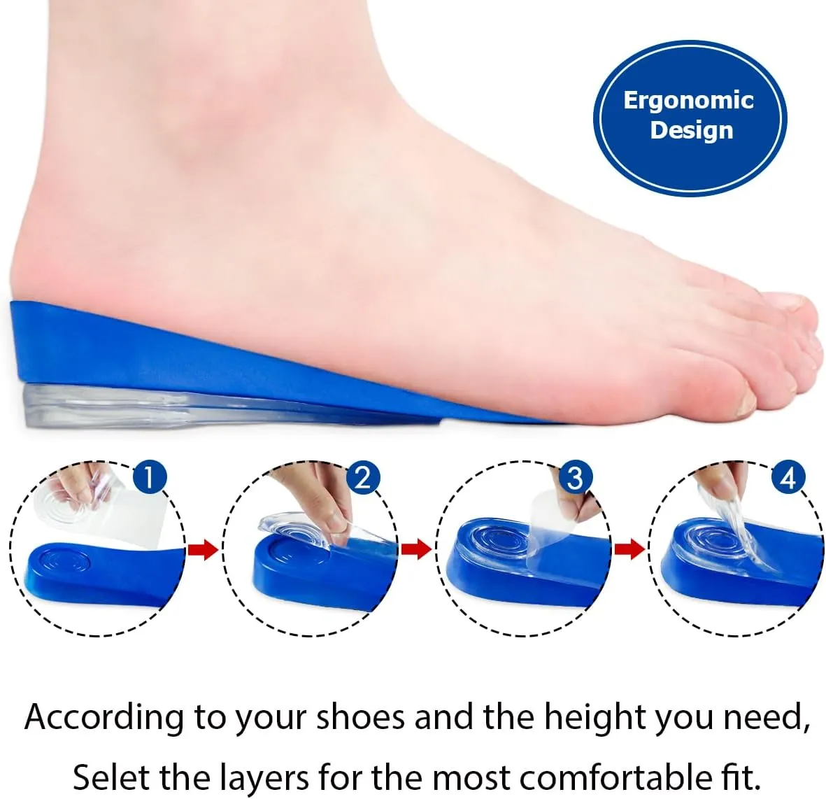 Dr. Shoesert 3-Layer Adjustable Height Increase Insoles, 3/4 Length Shock Absorption Cushion Heel Lift Inserts