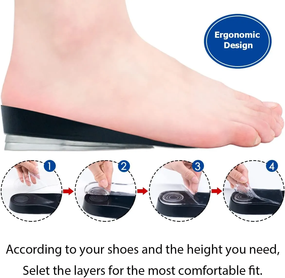 Dr. Shoesert 3-Layer Adjustable Height Increase Insoles, 3/4 Length Shock Absorption Cushion Heel Lift Inserts