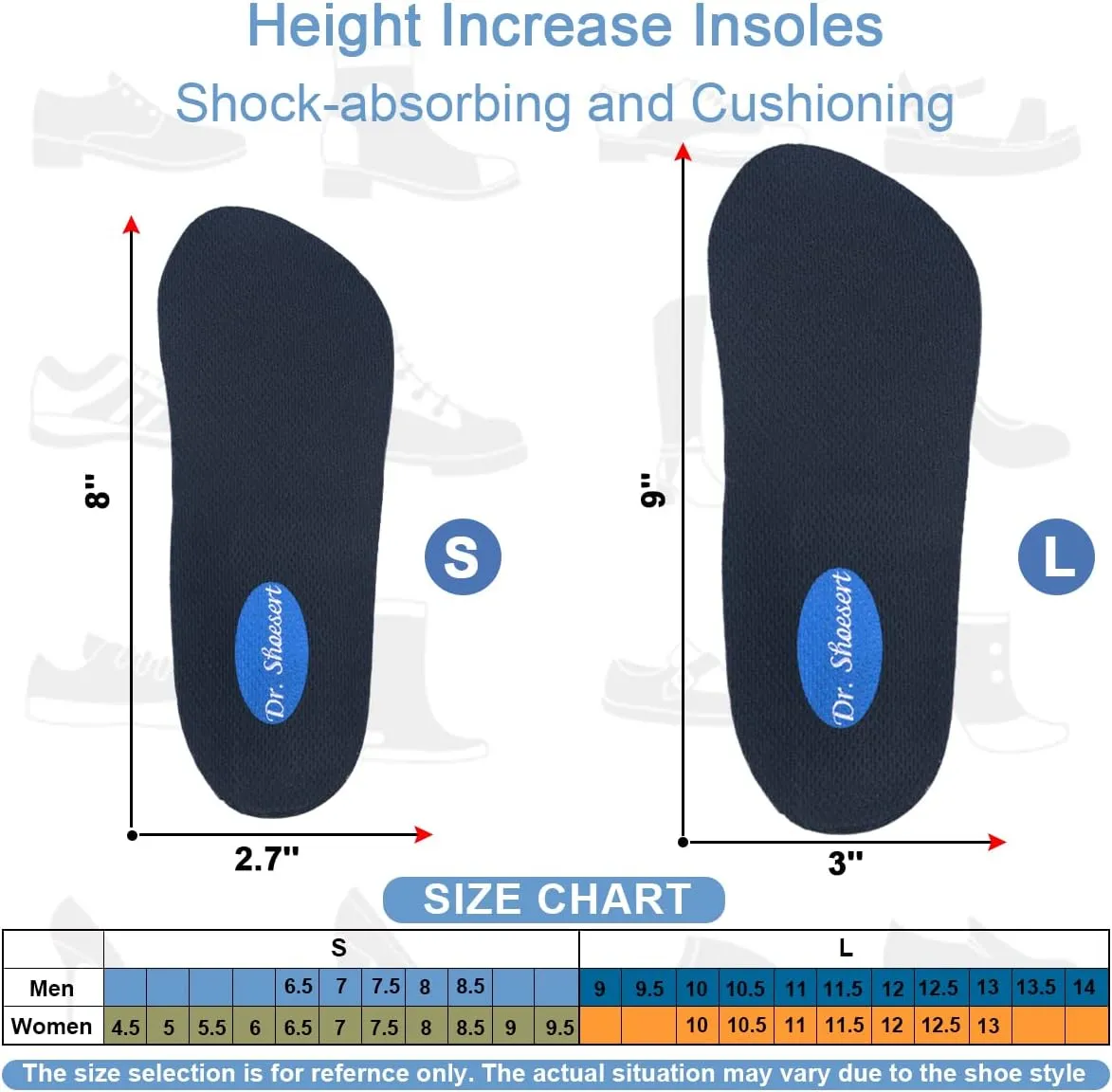 Dr. Shoesert 3-Layer Adjustable Height Increase Insoles, 3/4 Length Shock Absorption Cushion Heel Lift Inserts