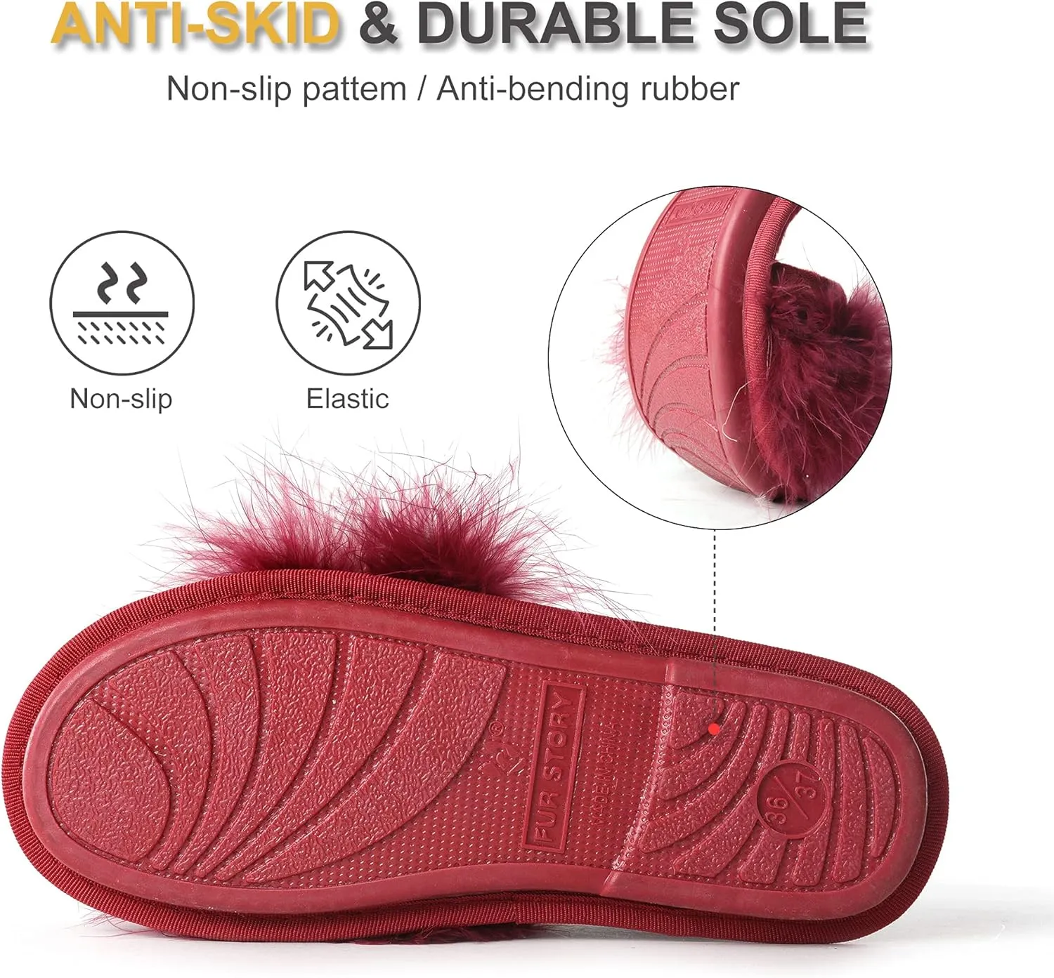 Fur Story Women's Furry Slippers Open Toe Fuzzy Slippers Memory Foam Fluffy House Sandal