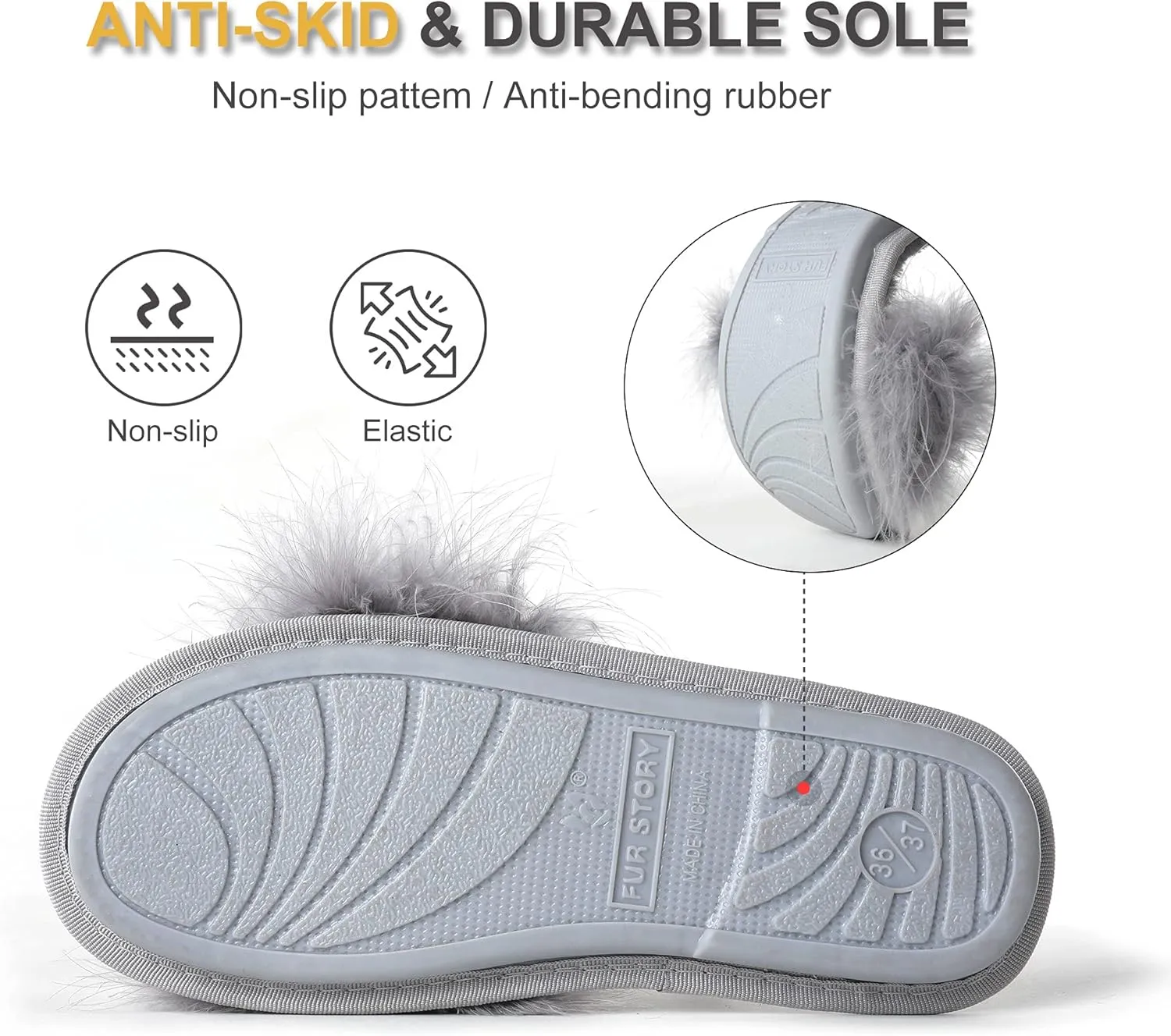 Fur Story Women's Furry Slippers Open Toe Fuzzy Slippers Memory Foam Fluffy House Sandal