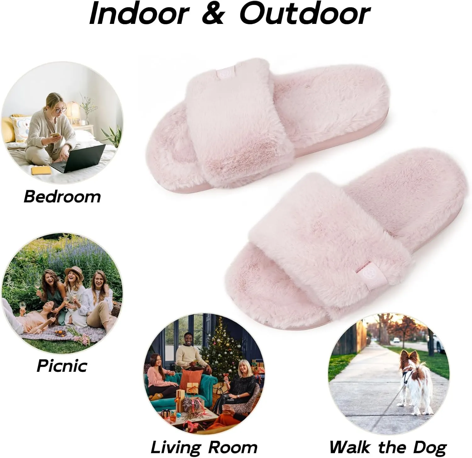 Fuzzy Slippers for Women Adjustable Orthotic Slides Slippers with Arch Support Plantar Fasciitis Open Toe Warm Cozy Plush House Shoes for Indoor Outdoor