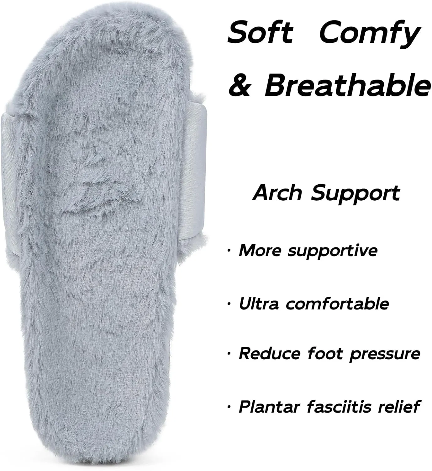 Fuzzy Slippers for Women Adjustable Orthotic Slides Slippers with Arch Support Plantar Fasciitis Open Toe Warm Cozy Plush House Shoes for Indoor Outdoor