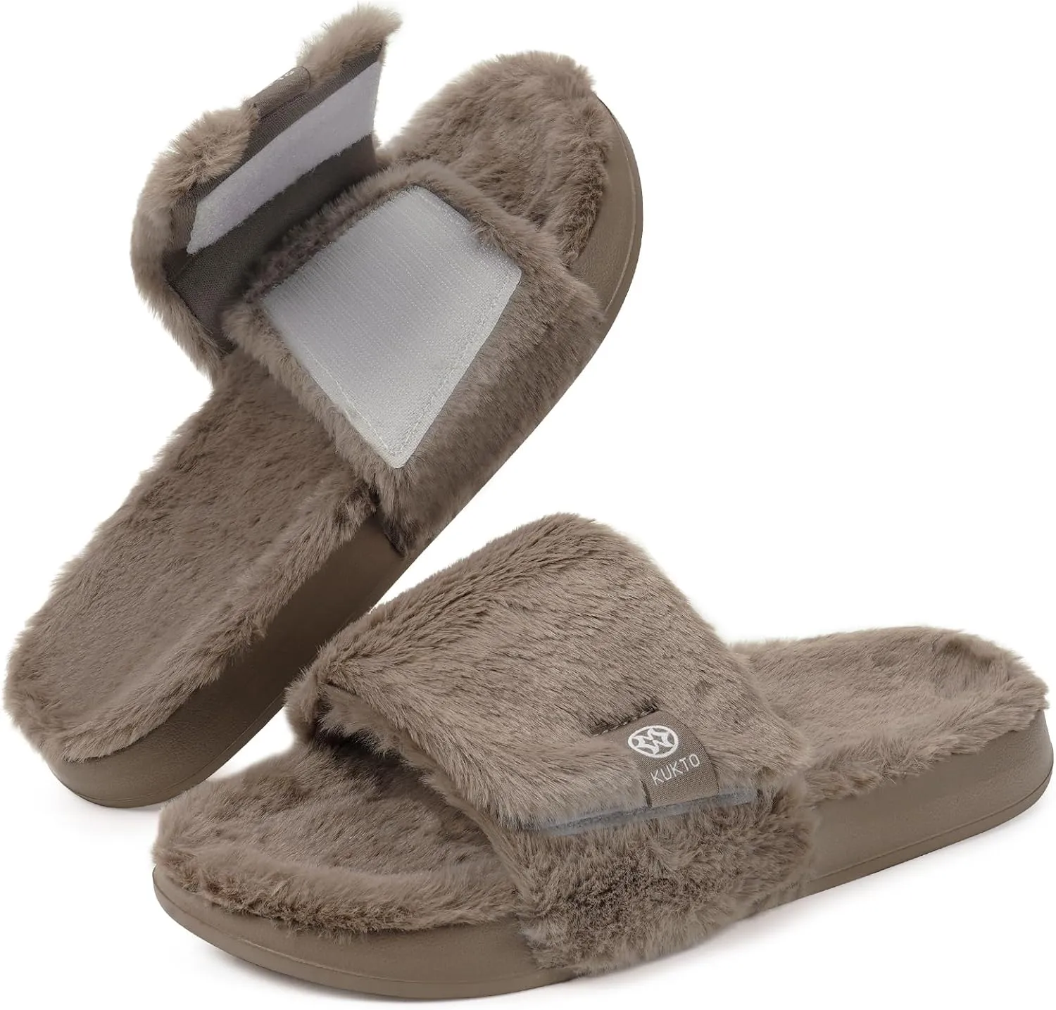 Fuzzy Slippers for Women Adjustable Orthotic Slides Slippers with Arch Support Plantar Fasciitis Open Toe Warm Cozy Plush House Shoes for Indoor Outdoor