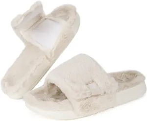 Fuzzy Slippers for Women Adjustable Orthotic Slides Slippers with Arch Support Plantar Fasciitis Open Toe Warm Cozy Plush House Shoes for Indoor Outdoor