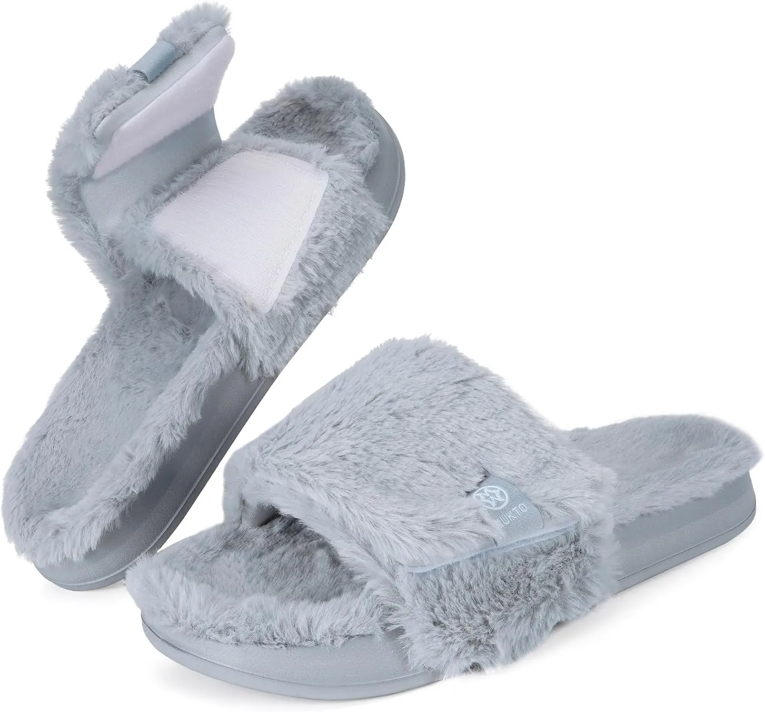 Fuzzy Slippers for Women Adjustable Orthotic Slides Slippers with Arch Support Plantar Fasciitis Open Toe Warm Cozy Plush House Shoes for Indoor Outdoor