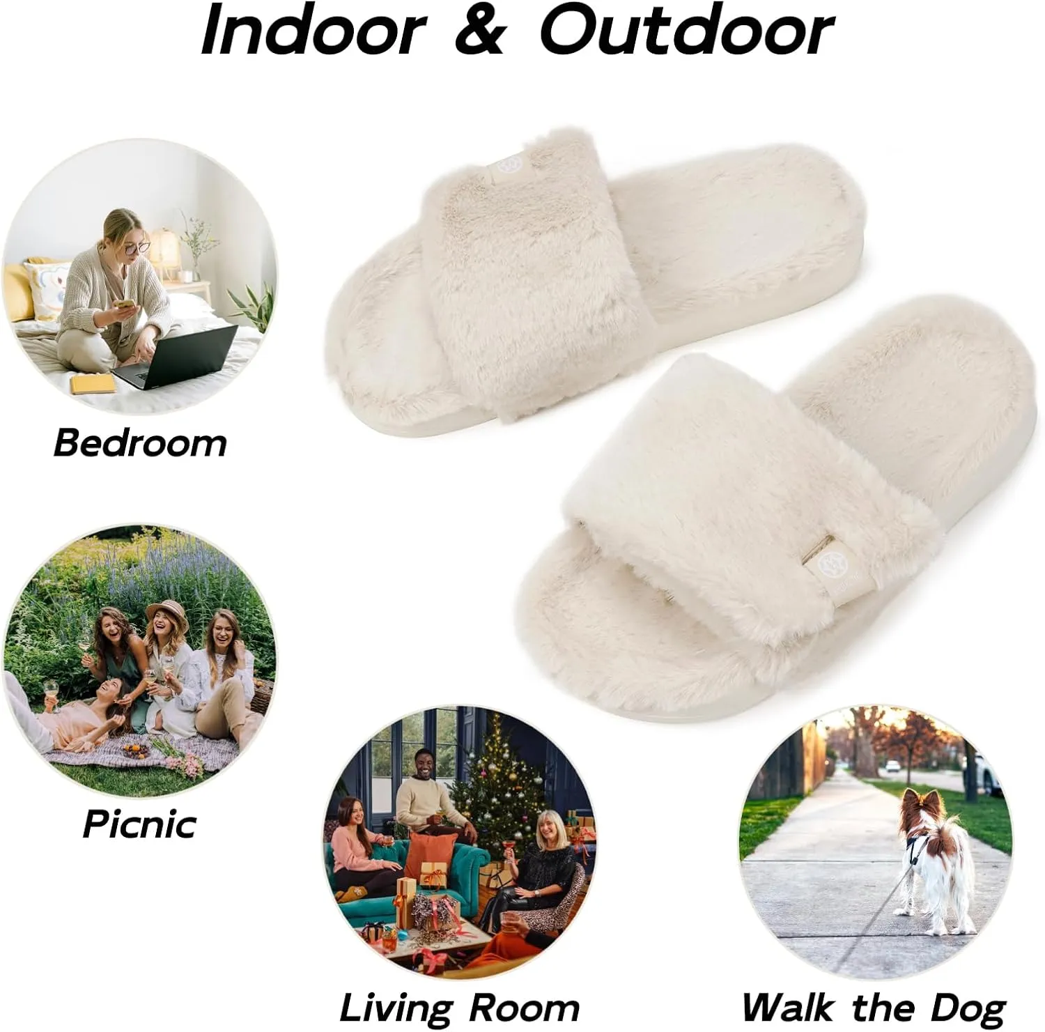 Fuzzy Slippers for Women Adjustable Orthotic Slides Slippers with Arch Support Plantar Fasciitis Open Toe Warm Cozy Plush House Shoes for Indoor Outdoor