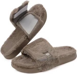 Fuzzy Slippers for Women Adjustable Orthotic Slides Slippers with Arch Support Plantar Fasciitis Open Toe Warm Cozy Plush House Shoes for Indoor Outdoor