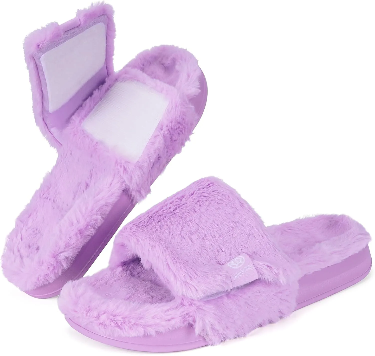 Fuzzy Slippers for Women Adjustable Orthotic Slides Slippers with Arch Support Plantar Fasciitis Open Toe Warm Cozy Plush House Shoes for Indoor Outdoor