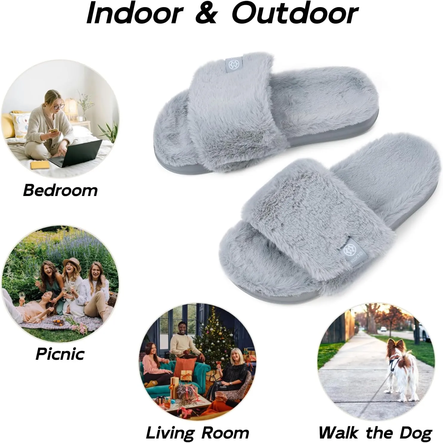Fuzzy Slippers for Women Adjustable Orthotic Slides Slippers with Arch Support Plantar Fasciitis Open Toe Warm Cozy Plush House Shoes for Indoor Outdoor