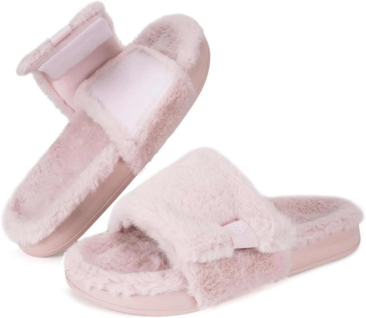 Fuzzy Slippers for Women Adjustable Orthotic Slides Slippers with Arch Support Plantar Fasciitis Open Toe Warm Cozy Plush House Shoes for Indoor Outdoor