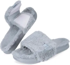 Fuzzy Slippers for Women Adjustable Orthotic Slides Slippers with Arch Support Plantar Fasciitis Open Toe Warm Cozy Plush House Shoes for Indoor Outdoor