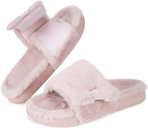Fuzzy Slippers for Women Adjustable Orthotic Slides Slippers with Arch Support Plantar Fasciitis Open Toe Warm Cozy Plush House Shoes for Indoor Outdoor
